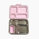 Kaally Bento 4+ stainless steel lunchbox open with a pink lid, showing its four leak-proof compartments