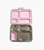Kaally Bento 4+ stainless steel lunchbox open with a pink lid, showing its four leak-proof compartments