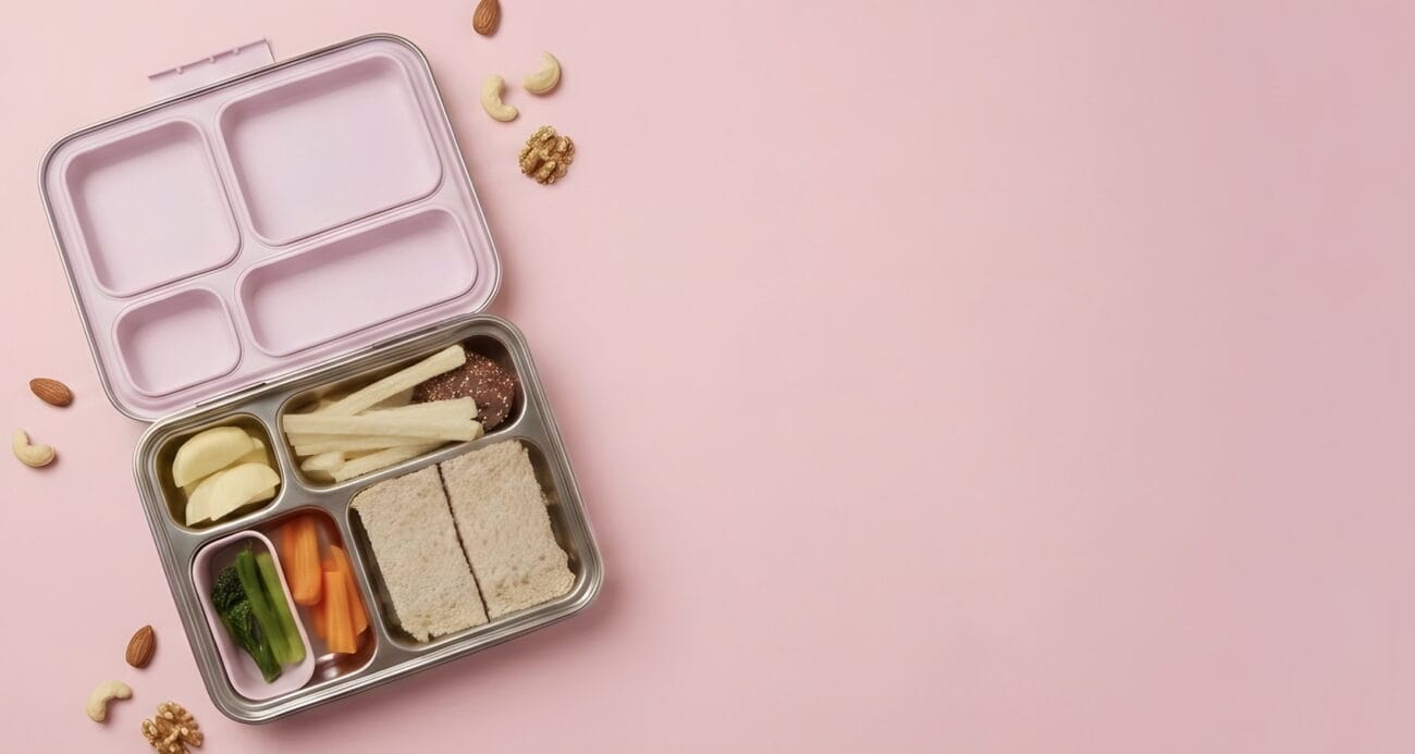 Kaally Bento 4+ stainless steel kids bento lunchbox, open and packed with a sandwich, apple, carrot and broccoli, on a soft pink background
