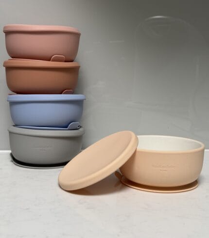 Kaally porcelain baby bowls with lids in all five colours — beige, blue, clay, gray and pink