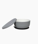 Gray porcelain baby bowl with silicone suction sleeve and matching lid