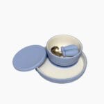 Blue porcelain mealtime set — bowl with lid, whole plate and toddler cutlery
