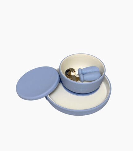 Blue porcelain mealtime set — bowl with lid, whole plate and toddler cutlery