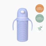 KaakaaBaby glass bottle 270mL in Blue with the Clean + Conscious Awards 2026 Bronze Winner rosette, Best Baby Accessories, the 2025 Finalist rosette and the AGOA Approved mark, in a vertical column