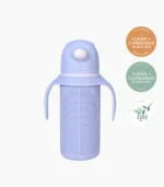 KaakaaBaby glass bottle 270mL in Blue with the Clean + Conscious Awards 2026 Bronze Winner rosette, Best Baby Accessories, the 2025 Finalist rosette and the AGOA Approved mark, in a vertical column
