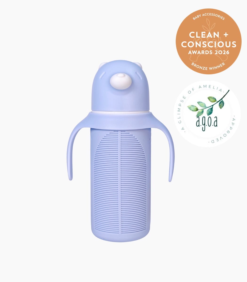 KaakaaBaby Glass Bottle 270mL in Blue with the Bronze rosette — Best Baby Accessories, Clean + Conscious Awards 2026