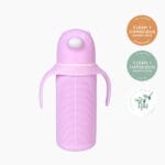 KaakaaBaby glass bottle 270mL in Pink with the Clean + Conscious Awards 2026 Bronze Winner rosette, Best Baby Accessories, the 2025 Finalist rosette and the AGOA Approved mark, in a vertical column