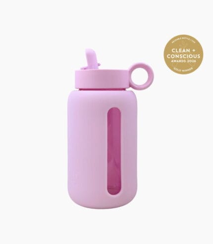 Kaally Glass Bottle 500mL in Baby Pink with the Clean + Conscious Awards 2026 Gold Winner rosette, Best Reusable Bottle / Cup