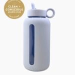 Kaally Glass Bottle 800mL in Sky Blue with the Clean + Conscious Awards 2026 Gold Winner rosette, Best Reusable Bottle / Cup