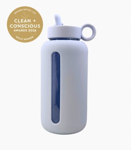 Kaally Glass Bottle 800mL in Sky Blue with the Clean + Conscious Awards 2026 Gold Winner rosette, Best Reusable Bottle / Cup
